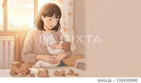 部屋で優しく赤ちゃんに授乳する母親の温かいイラスト 138430990