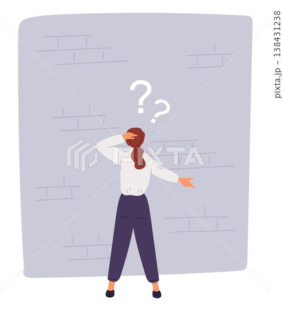 Businesswoman stands pensively in front of large brick wall. Obstacle in her path. Difficulties in business. Thoughtful woman. Questions and doubts. Business crisis. Vector concept 138431238