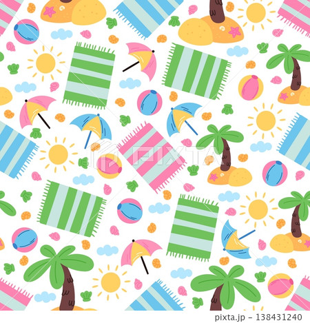 Cartoon beach accessories seamless pattern. Sea travel. Inflatable ball. Towel mat on coast sand. Sunbathing parasol. Seashells and summer sun. Seashore palm trees. Vector background Cartoon beach accessories seamless pattern. Sea travel. Inflatable ball. Towel mat on coast sand. Sunbathing parasol. Seashells and summer sun. Seashore palm trees. Vector background 138431240