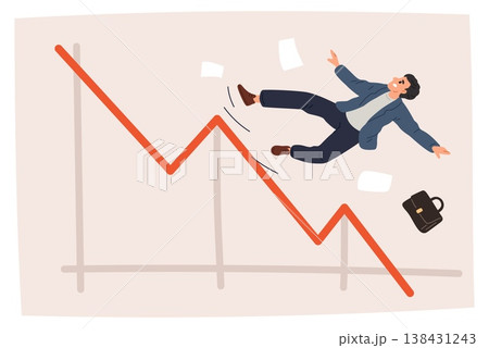 Frightened businessman falls from declining graph. Investment chart. Lose money. Infograph representing market crash. Financial crisis or recession. Business failure. Vector concept 138431243