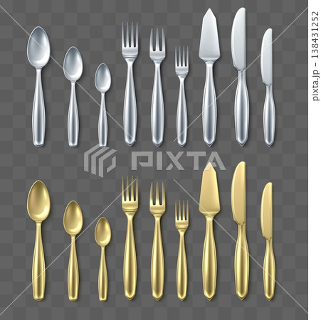 Gold and silver cutlery. Realistic spoons. Clean metallic forks and knives on transparent background. Dinner serving objects. Stainless teaspoon or tablespoon. 3D silverware vector set 138431252