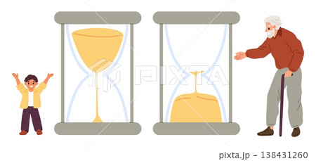 Little boy and old man next to hourglass. Beginning and end of life. Ageing process. Time for elderly grandparent and young child. Lifetime clock. Countdown to death. Vector concept Little boy and old man next to hourglass. Beginning and end of life. Ageing process. Time for elderly grandparent and young child. Lifetime clock. Countdown to death. Vector concept 138431260