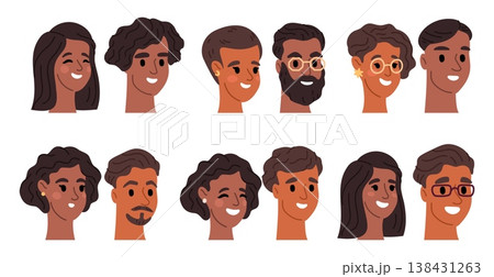 Male and female faces with dark skin and hair. People attractive portraits. Brunette hairstyle. Man with beard and mustache. Woman hairdo. Persons smile. Vector set of avatar characters Male and female faces with dark skin and hair. People attractive portraits. Brunette hairstyle. Man with beard and mustache. Woman hairdo. Persons smile. Vector set of avatar characters 138431263