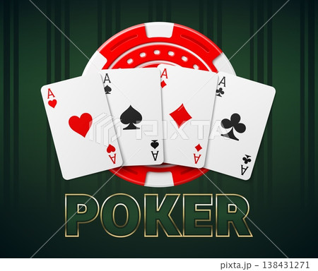 Realistic casino advertising template with poker cards and chips. Betting jackpot tokens. Gaming spade ace. Blackjack winning. Fortune game. Roulette wager coins. Vector gambling banner 138431271