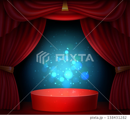 Realistic red catwalk framed by red theater curtains with glitter and light reflections. Display podium. Product presentation advertising template. Cylinder pedestal. Vector background 138431282
