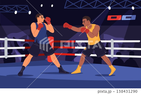 Two boxers fighting each other in boxing ring. Athletic tournament. Kickboxers championship. Professional fighters. Uppercut beat. Kickboxing sparring with opponents. Vector concept Two boxers fighting each other in boxing ring. Athletic tournament. Kickboxers championship. Professional fighters. Uppercut beat. Kickboxing sparring with opponents. Vector concept 138431290