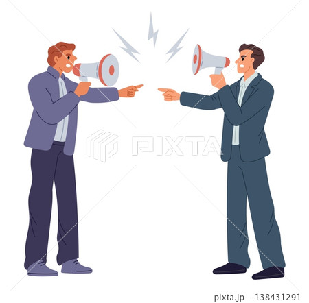 Two businessmen arguing with each other using megaphones. Business conflict. People hold loudspeakers. Difference of opinion. Demonstration activist. Promoters speech. Vector concept Two businessmen arguing with each other using megaphones. Business conflict. People hold loudspeakers. Difference of opinion. Demonstration activist. Promoters speech. Vector concept 138431291