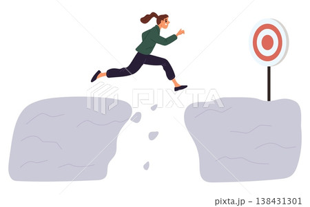 Young woman leaps across chasm. Businesswoman showing courage and willingness to take risks reach her goal. Overcome obstacles. Business target. Female jumping over hole. Vector concept 138431301