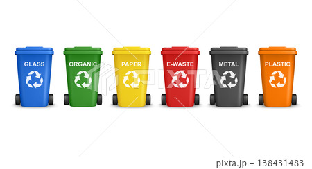 Vector 3d Recycling Bins Set with Waste Sorting Labels - Glass Organic Paper E-Waste Metal Plastic. Color Wheelie Bin Set. Realistic 3d Garbage Containers for Recycling and Sustainability, Isolated Vector 3d Recycling Bins Set with Waste Sorting Labels - Glass Organic Paper E-Waste Metal Plastic. Color Wheelie Bin Set. Realistic 3d Garbage Containers for Recycling and Sustainability, Isolated 138431483