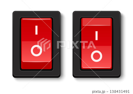 Vector 3d Red Rocker Power Switch Set. On and Off Toggle Button for Electricity Control Pane. Realistic 3d Electrical Switch Vector Illustration. Device Power Icons, Isolated 138431491