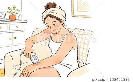 自宅でリラックスしてムダ毛ケアをする女性のイラスト 自宅でリラックスしてムダ毛ケアをする女性のイラスト 138431552