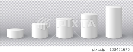 Vector set white cylindrical plinth podium in ascending height. Vector set white cylindrical plinth podium in ascending height. 138431670