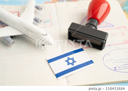 Israel passport with approved stamp on document for tourism to immigration at airport in country. 138431684