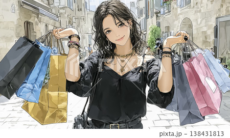 ショッピングバッグを持って買い物を楽しむ若い女性｜街中のファッションイメージイラスト 138431813