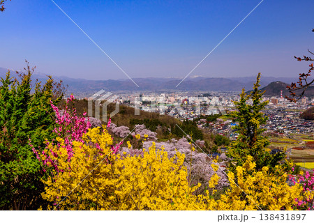 春爛漫の花見山、色鮮やかな桜と花々が山を彩る桃源郷のパノラマ風景 春爛漫の花見山、色鮮やかな桜と花々が山を彩る桃源郷のパノラマ風景 138431897