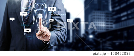 Businessman in a suit touches a holographic AI chatbot interface with speech bubbles and a robot icon against a blurred city background, representing artificial intelligence and automation 138432052