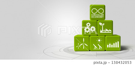 A pyramid of green blocks with icons representing circular economy, renewable energy, and sustainable industry on a light gray background A pyramid of green blocks with icons representing circular economy, renewable energy, and sustainable industry on a light gray background 138432053