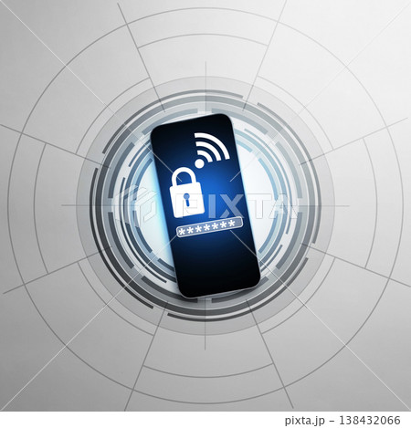 Smartphone with security padlock, password field, and Wi-Fi icon on screen, set against a digital background. Represents mobile data protection and cybersecurity concepts 138432066