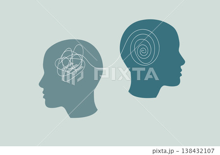 Two human head silhouettes illustrating the psychological process of unraveling tangled thoughts into a clear spiral, representing therapy, counseling, and mental health recovery Two human head silhouettes illustrating the psychological process of unraveling tangled thoughts into a clear spiral, representing therapy, counseling, and mental health recovery 138432107