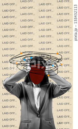 A businesswoman overwhelmed by stress and anxiety following a layoff, depicted with a chaotic swirl around her head and a background of repeating text A businesswoman overwhelmed by stress and anxiety following a layoff, depicted with a chaotic swirl around her head and a background of repeating text 138432113