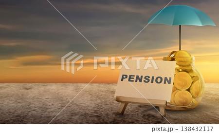 A glass jar filled with gold dollar coins sheltered by a blue umbrella next to a PENSION sign on an easel, symbolizing retirement security and financial planning against a sunset sky A glass jar filled with gold dollar coins sheltered by a blue umbrella next to a PENSION sign on an easel, symbolizing retirement security and financial planning against a sunset sky 138432117