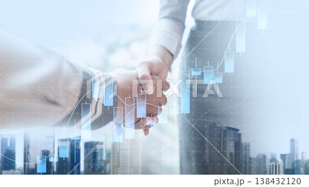 Business people shaking hands against a city skyline with overlaid financial stock market charts, representing a successful partnership, investment, and economic growth Business people shaking hands against a city skyline with overlaid financial stock market charts, representing a successful partnership, investment, and economic growth 138432120