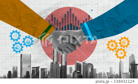 Professional digital collage of a handshake over a cityscape. Features a financial bar chart and gear icons with symbols for growth, money, and collaboration on a textured background Professional digital collage of a handshake over a cityscape. Features a financial bar chart and gear icons with symbols for growth, money, and collaboration on a textured background 138432124
