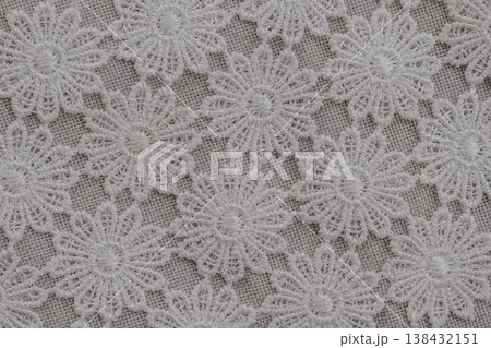 Macro photo of white floral embroidery on a grey linen background. The delicate lace-like flower pattern creates a sophisticated, textured surface with a rustic yet elegant feel 138432151
