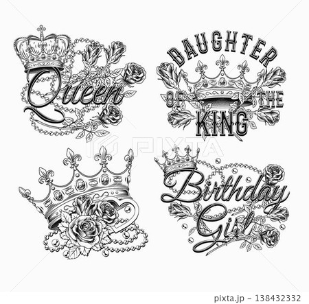 Set of black and white labels with crown, heart, roses, pearl necklace, text. Luxury kitsch design. Detailed composition in vintage style on white background Set of black and white labels with crown, heart, roses, pearl necklace, text. Luxury kitsch design. Detailed composition in vintage style on white background 138432332