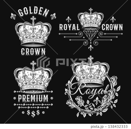 Set of black and white labels with imperial crown, jewelry chains, roses, text. Detailed composition in vintage style on black background 138432333