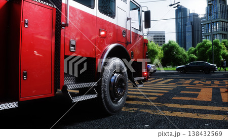 fire truck near the fire station. Fire department. 3d rendering. fire truck near the fire station. Fire department. 3d rendering. 138432569