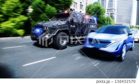 An swat police driving fast on a city street. 3d rendering. 138432570