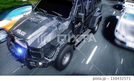 An swat police driving fast on a city street. 3d rendering. 138432571