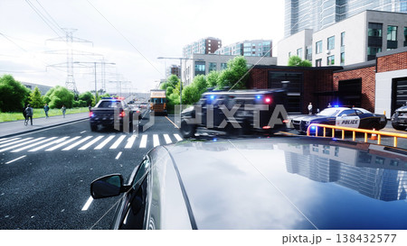An swat police driving fast on a city street. 3d rendering. 138432577