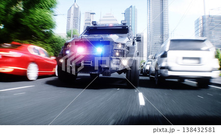 An swat police driving fast on a city street. 3d rendering. An swat police driving fast on a city street. 3d rendering. 138432581