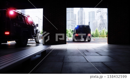 An swat police driving fast on a city street. 3d rendering. An swat police driving fast on a city street. 3d rendering. 138432599