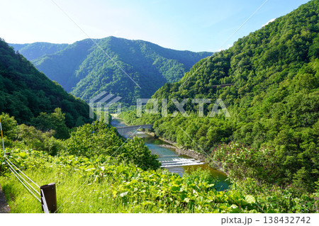札内川ダムの左岸川から下流方面を眺めて 138432742