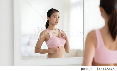 朝の鏡の前でお気に入りの下着を身に着け微笑む女性 138432837