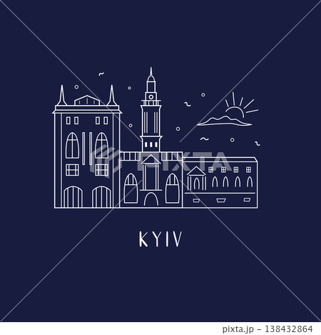 Kyiv landmarks skyline in line style vector illustration, greeting card 138432864