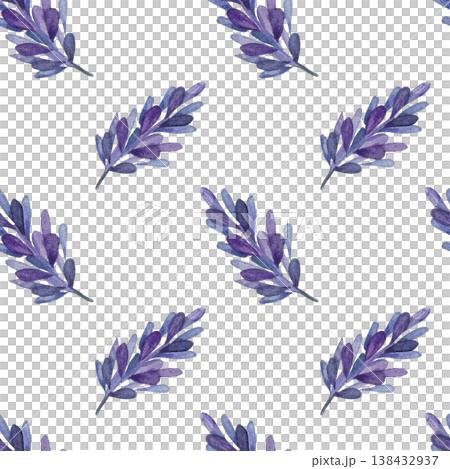 Seamless watercolor pattern featuring purple lavender sprigs in botanical hand-drawn style, on white background, ideal for Provence-themed textiles, aromatherapy branding, and elegant wallpapers Seamless watercolor pattern featuring purple lavender sprigs in botanical hand-drawn style, on white background, ideal for Provence-themed textiles, aromatherapy branding, and elegant wallpapers 138432937