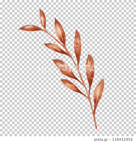 Hand-drawn watercolor terracotta leaf branch isolated on white background, featuring warm brown autumn foliage for organic bohemian designs and minimalist botanical clipart Hand-drawn watercolor terracotta leaf branch isolated on white background, featuring warm brown autumn foliage for organic bohemian designs and minimalist botanical clipart 138432958