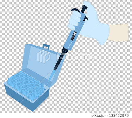 Hand Attaching Disposable Plastic Tip to Micropipette from Storage Box 138432979