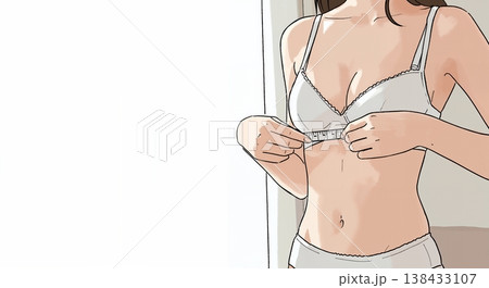 自宅でメジャーを使ってバストサイズを測る女性 138433107