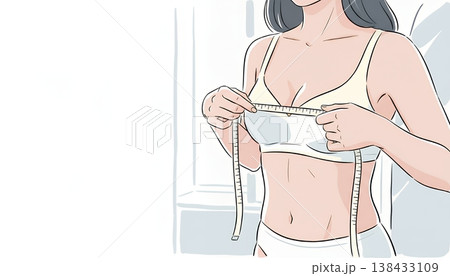 自宅でメジャーを使ってバストサイズを測る女性 138433109