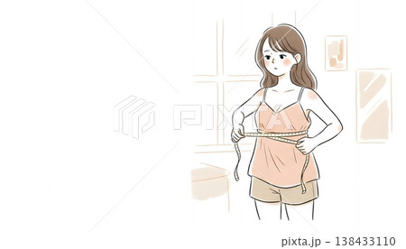 自宅でメジャーを使ってバストサイズを測る女性 138433110