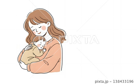 眠る赤ちゃんを優しく抱っこして慈しむ母親 138433196