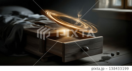 Golden circle spinning overhead. Levitation of golden band with sparkling dust surrounding it Golden circle spinning overhead. Levitation of golden band with sparkling dust surrounding it 138433199