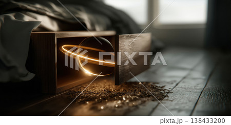 Shiny ring descends. Luminous ring gently descends surrounded by sparkling dust particles 138433200