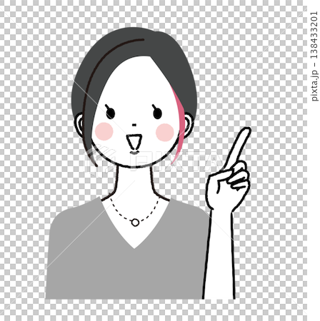インナーカラーのショートボブの女性 人差し指を立てている笑顔の女性 インナーカラーのショートボブの女性 人差し指を立てている笑顔の女性 138433201