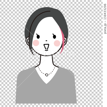 A woman with a short bob haircut and inner highlights; a woman with a cheerful smile. A woman with a short bob haircut and inner highlights; a woman with a cheerful smile. 138433206